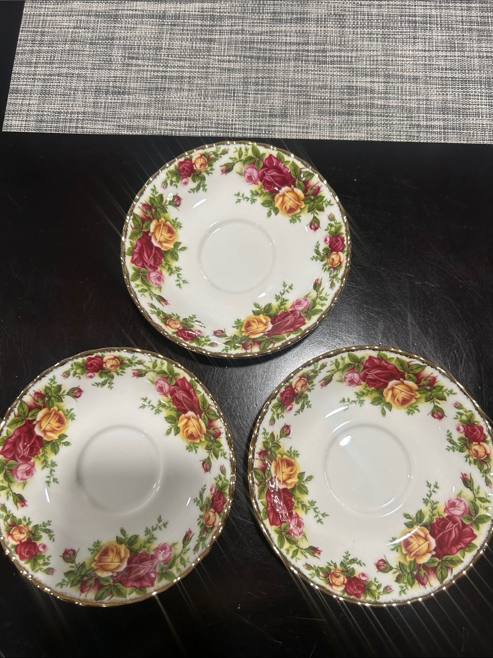 Royal Albert Rose-Trim Porcelain Saucers in White, Pink & Yellow with Gold Edge